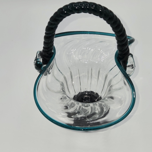 Vintage Clear & Turquoise Hand Blown Optic Glass Basket Applied Rope Handle - Picture 4 of 15